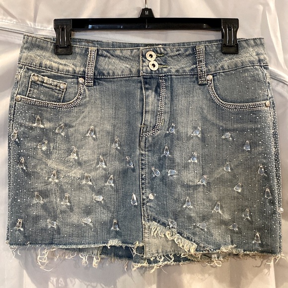 Rhinestone Embellished Denim Mini Skirt - Picture 1 of 11